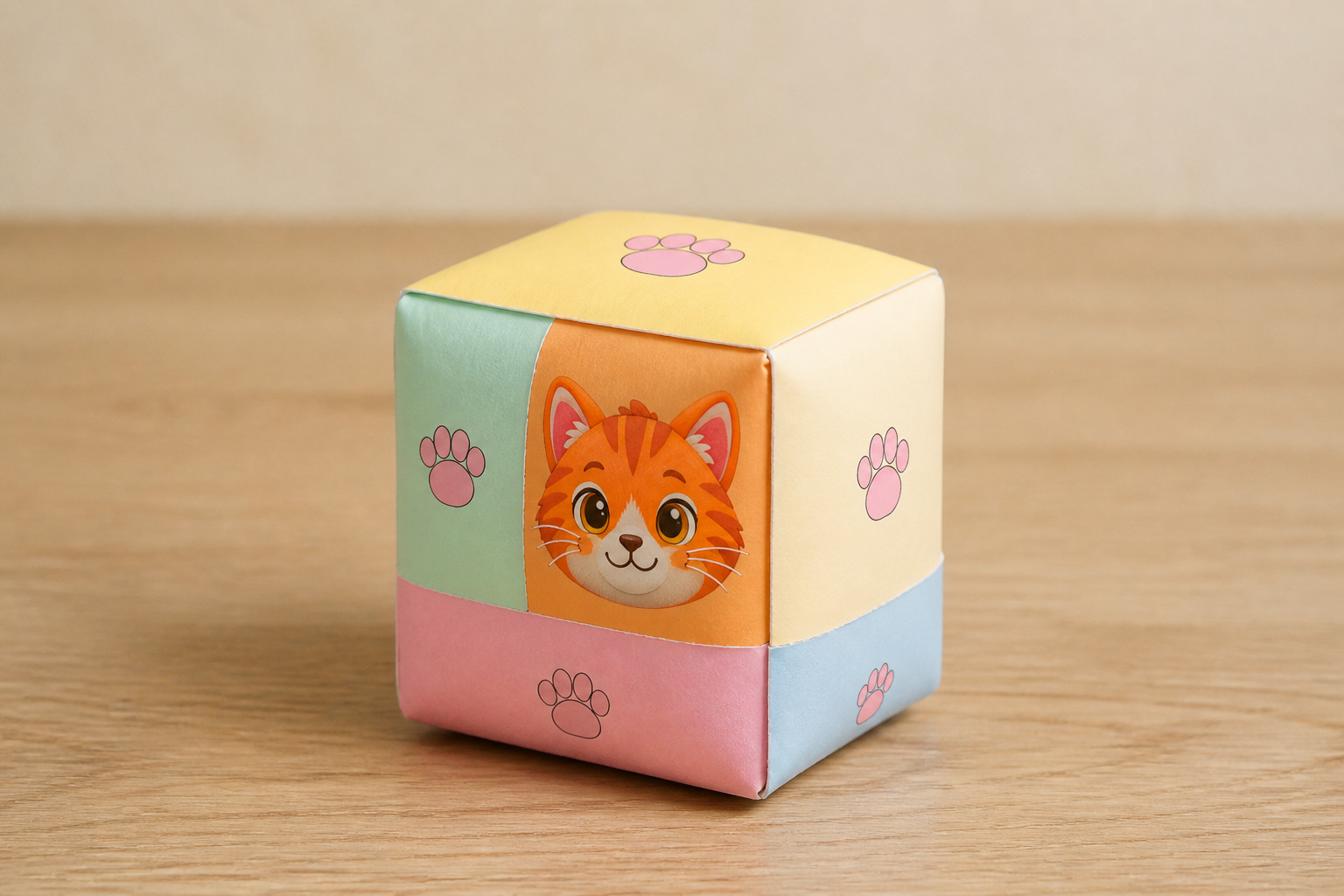 Собранный бумажный 3D-сквиш котик-кубик