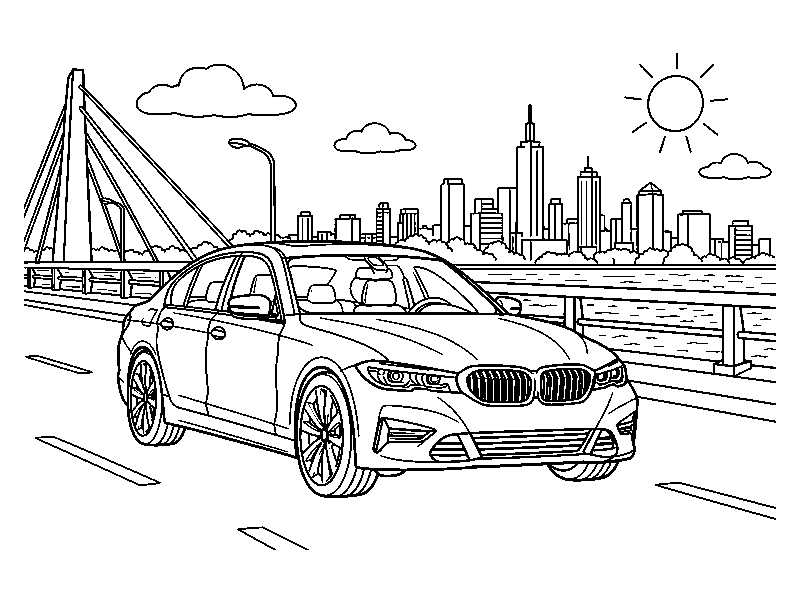 Раскраска BMW: bmw на городском мосту