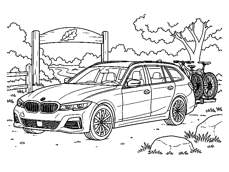Раскраска BMW: bmw с велосипедами у парка