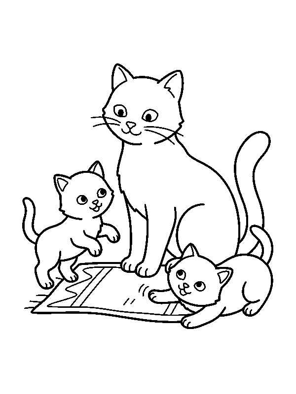 Кошка-мама играет с двумя котятами