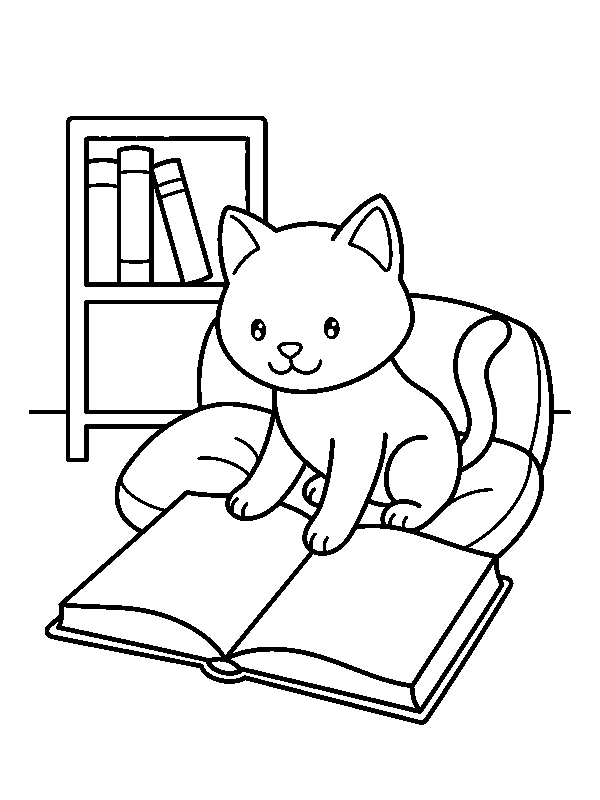 Котёнок читает открытую книгу в кресле