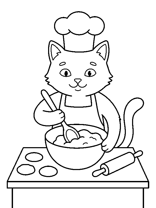 Кот-повар замешивает тесто на кухне