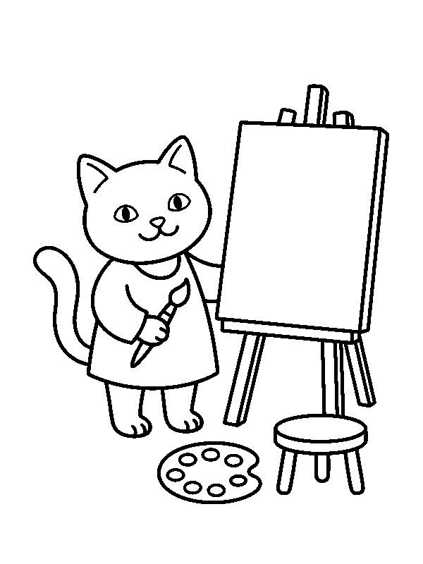 Кот-художник с кистью рядом с мольбертом