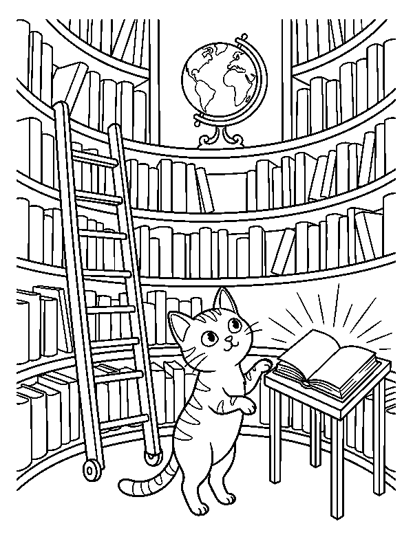 Котёнок рассматривает книгу в большой библиотеке