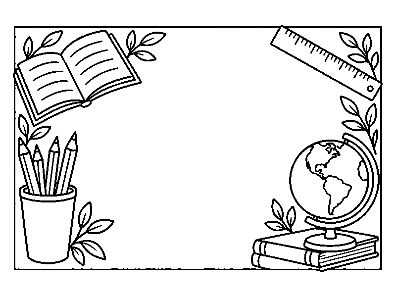 Открытка учителю с книгой, карандашами и глобусом, раскраска для детей