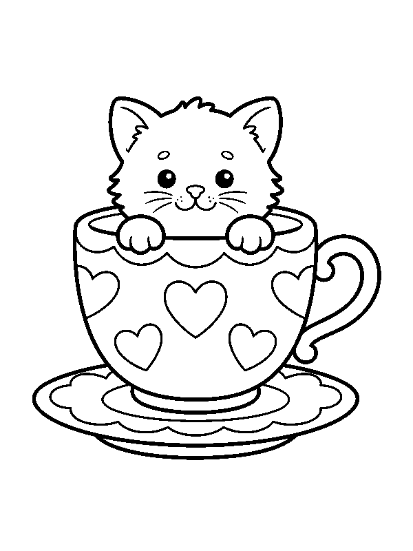 Котёнок в чашке, раскраска для детей
