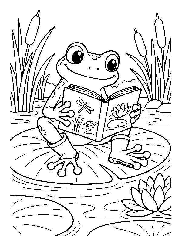 Лягушка читает книгу на листе кувшинки, раскраска для детей