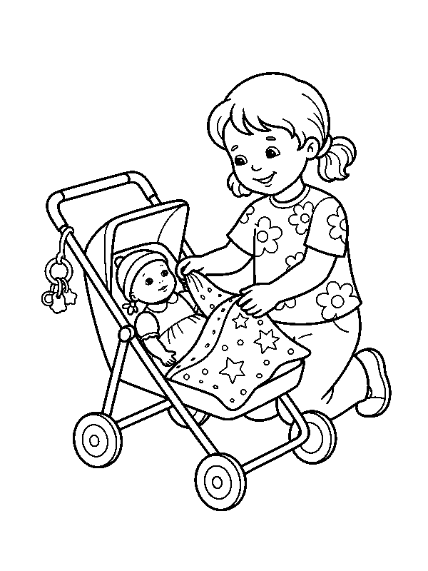 Кукла и коляска, раскраска для детей