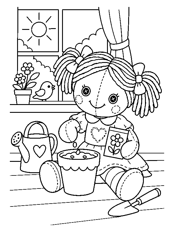 Кукла сажает семена, раскраска с игрушечной куклой для детей