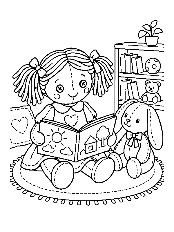 Кукла читает зайцу, раскраска с игрушечной куклой для детей