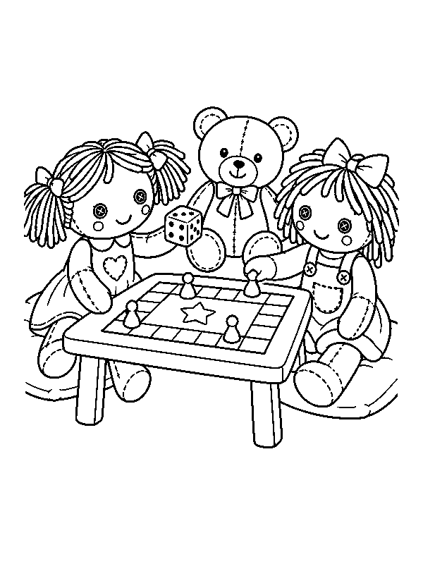 Куклы играют в настольную игру, раскраска с игрушечной куклой для детей