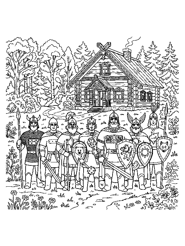 Семь богатырей, раскраска для детей