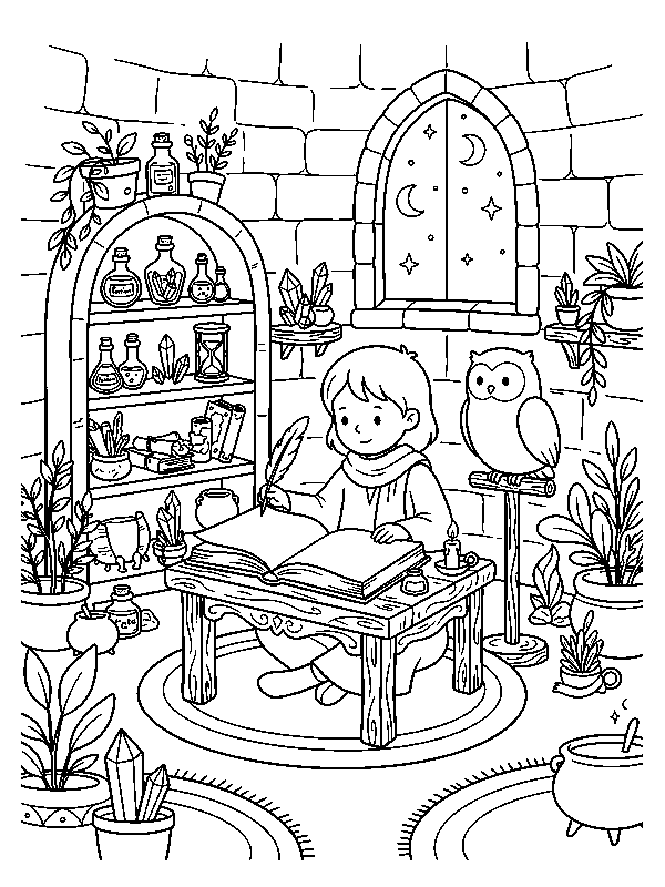 Волшебница и звёздная книга, раскраска для детей