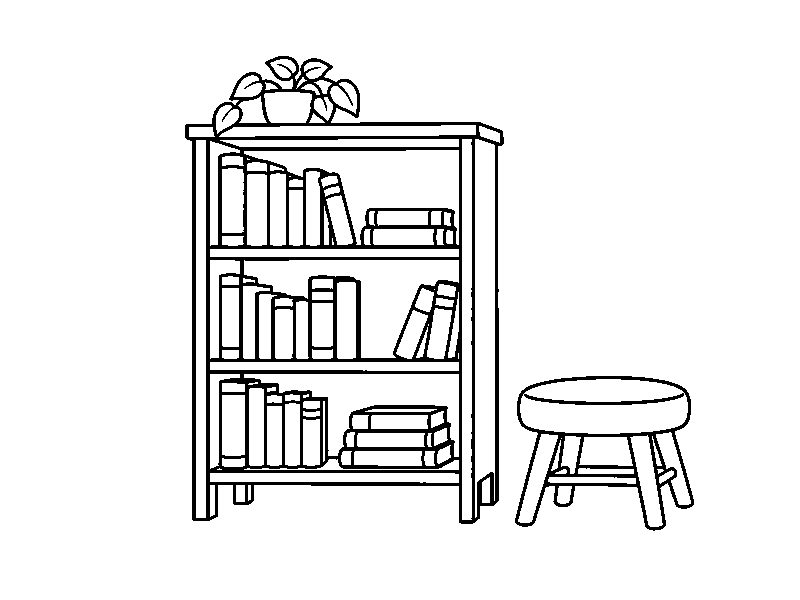Книжный шкаф с книгами, растением и табуретом, раскраска для детей
