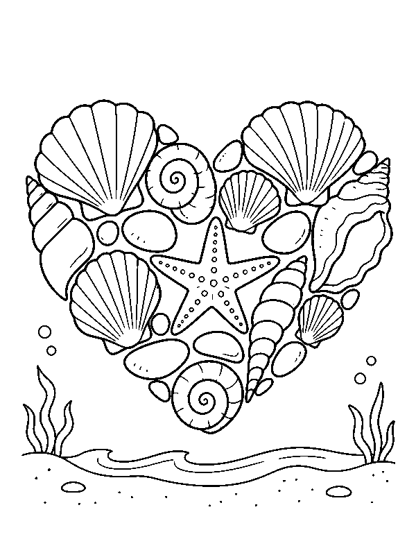 Сердце из морских ракушек и морская звезда на берегу, раскраска для детей