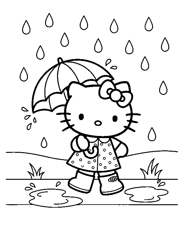 Hello Kitty с зонтиком, раскраска для детей
