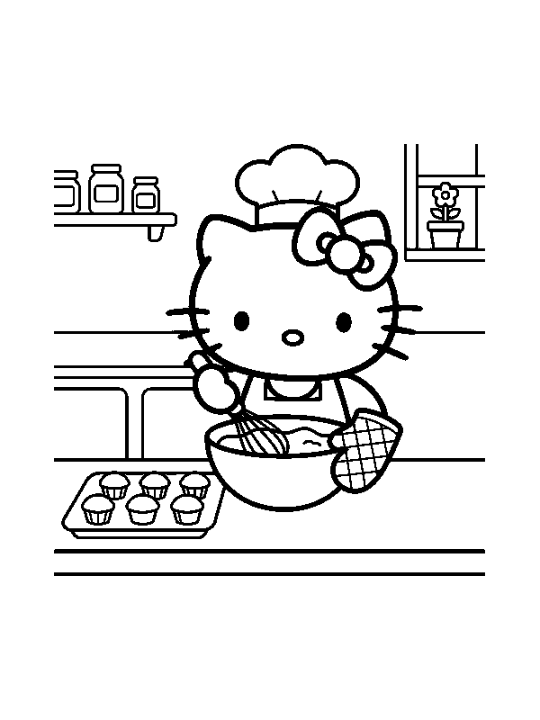 Hello Kitty печёт, раскраска для детей