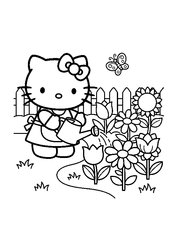 Hello Kitty в саду, раскраска для детей