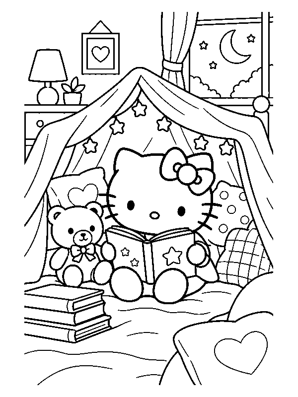 Hello Kitty читает сказку в домике из одеял рядом с плюшевым мишкой