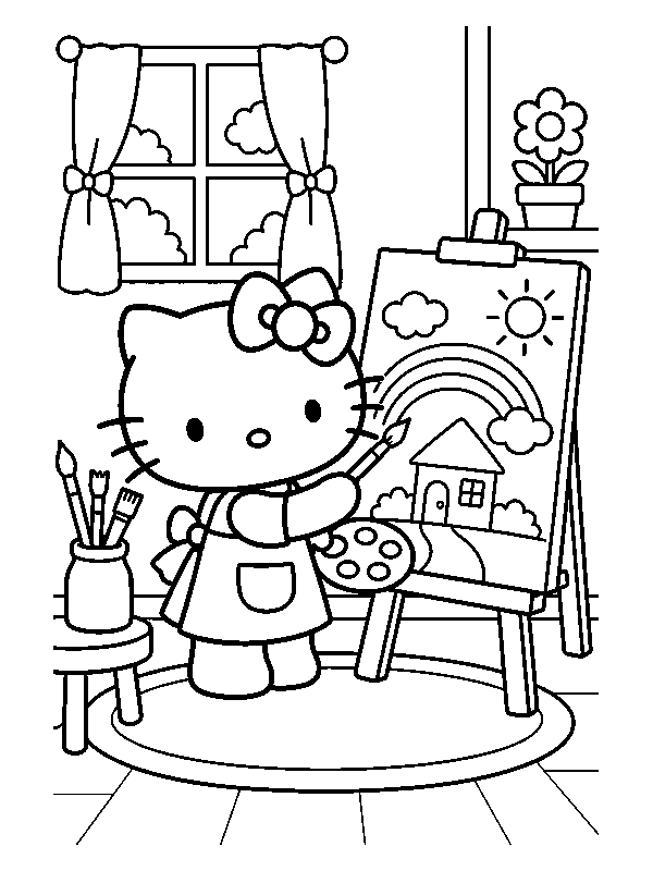 Hello Kitty рисует радугу и домик на мольберте