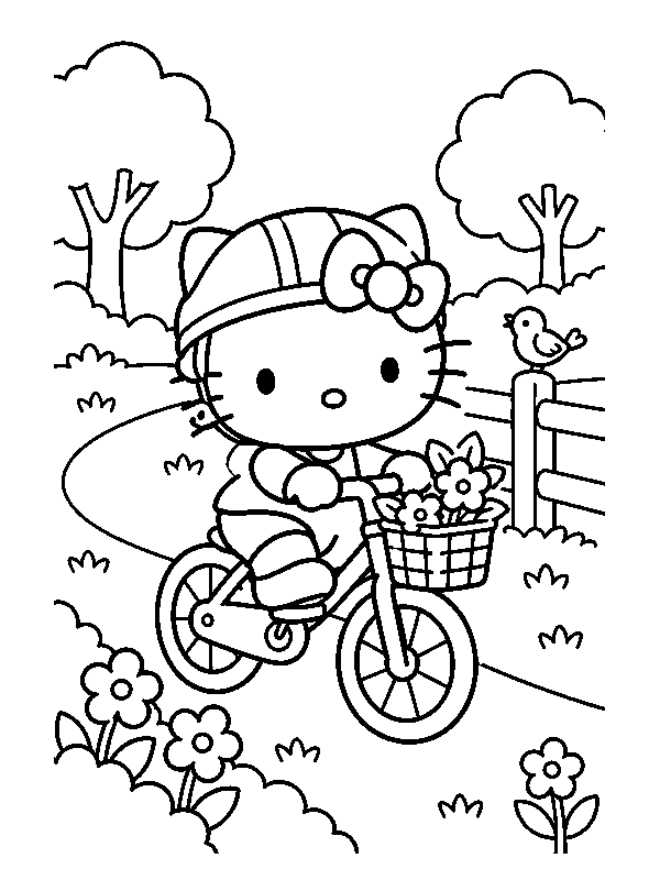 Hello Kitty едет на велосипеде с корзинкой цветов в парке