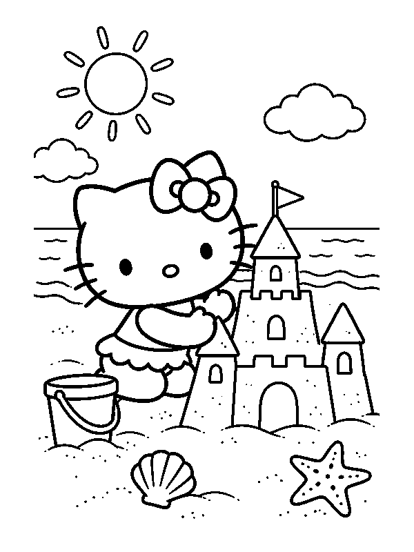 Hello Kitty строит песочный замок на берегу моря