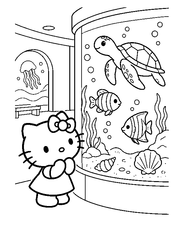 Hello Kitty рассматривает рыб и черепаху в аквариуме