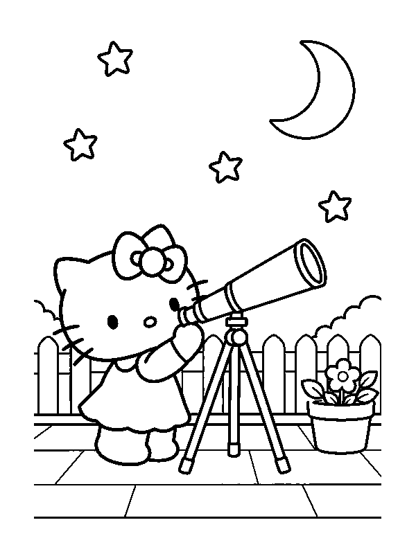 Hello Kitty смотрит в телескоп на луну и звёзды