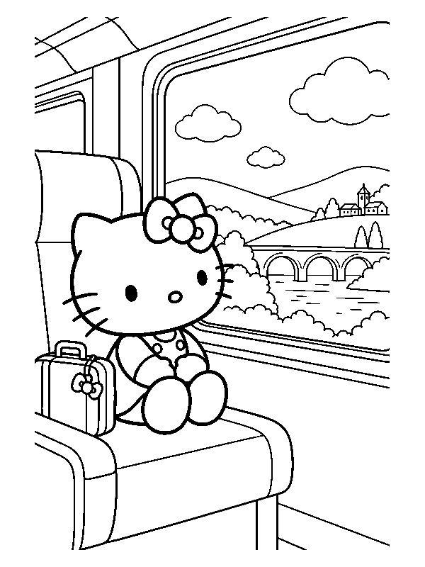 Hello Kitty едет в поезде и смотрит в окно на мост и холмы