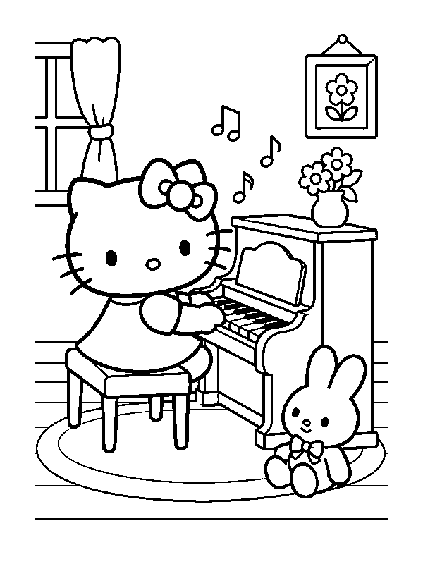 Hello Kitty играет на пианино для плюшевого зайчика