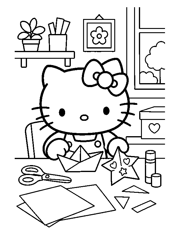 Hello Kitty делает бумажный кораблик и звезду за столом
