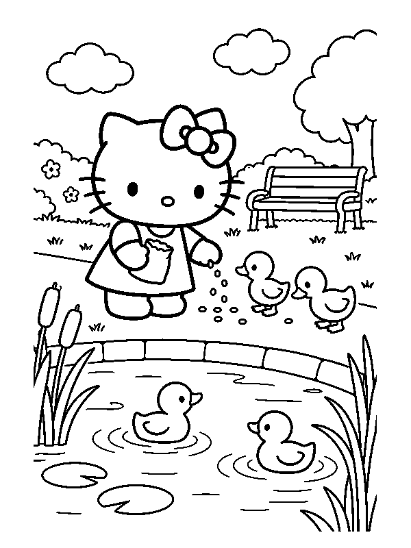 Hello Kitty кормит уток у паркового пруда