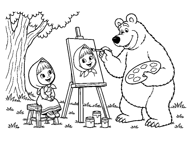 Медведь рисует портрет Маши на мольберте