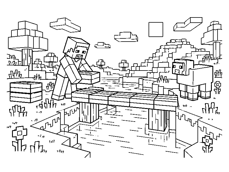 Раскраска Minecraft: стив строит мост