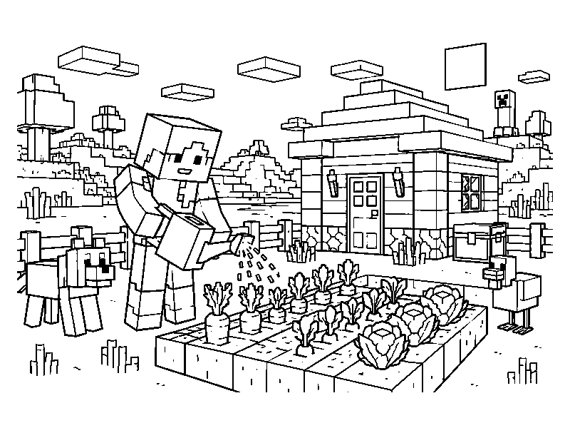 Раскраска Minecraft: алекс сажает огород