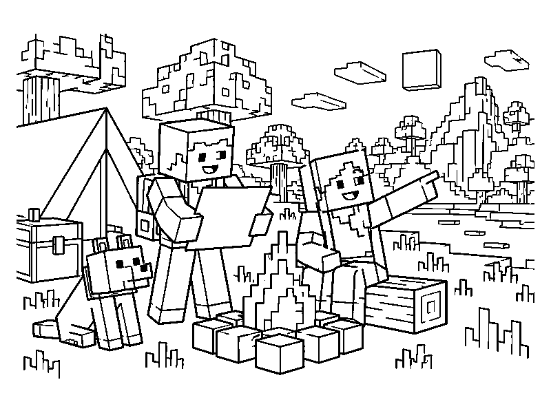 Раскраска Minecraft: путешествие у костра
