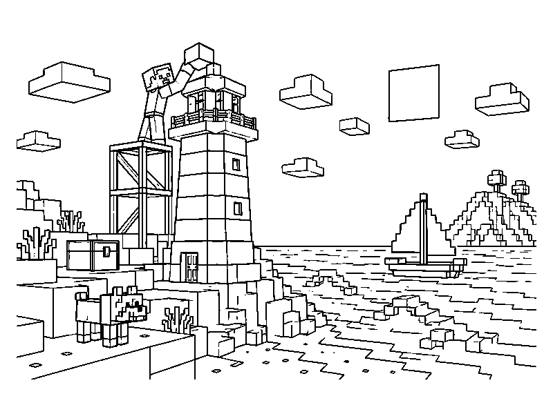 Раскраска Minecraft: маяк на берегу