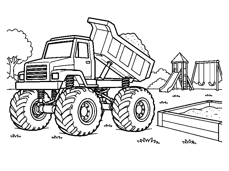 Монстр-трак-самосвал везёт песок к детской площадке, раскраска для детей