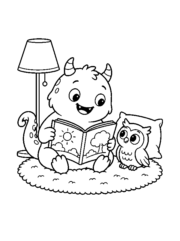 Пушистый монстрик читает книжку сове на ковре