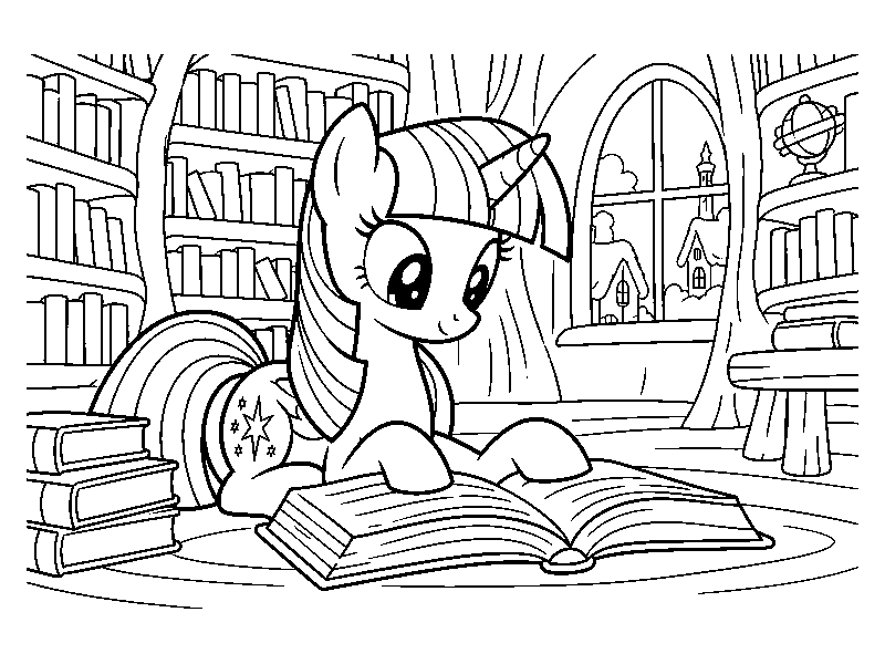 Раскраска My Little Pony: твайлайт читает в библиотеке