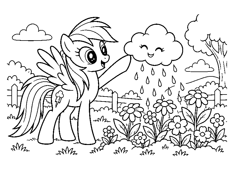 Раскраска My Little Pony: рэйнбоу дэш поливает цветы