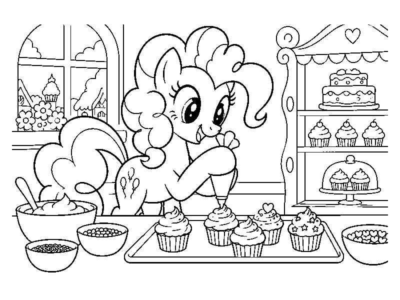 Раскраска My Little Pony: пинки пай украшает кексы