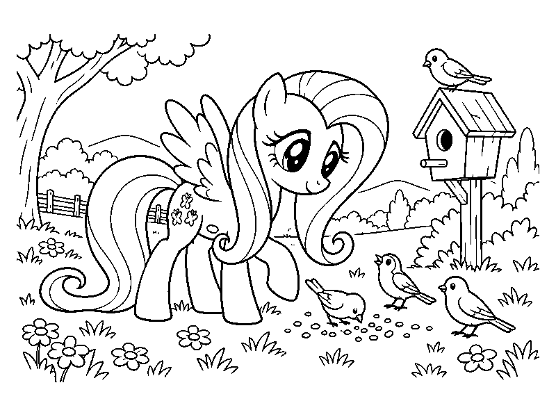 Раскраска My Little Pony: флаттершай кормит птиц