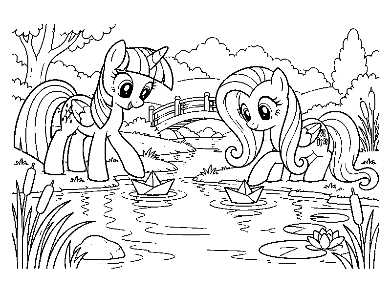 Раскраска My Little Pony: бумажные кораблики у пруда