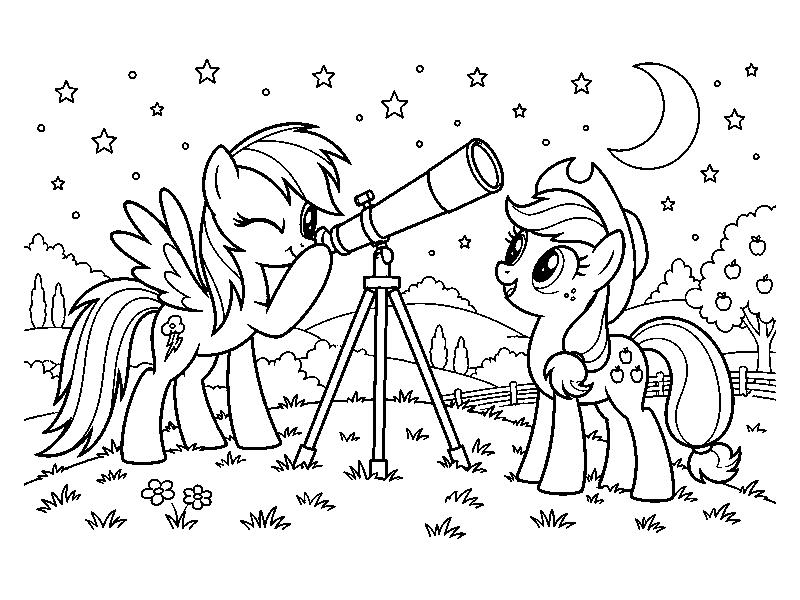 Раскраска My Little Pony: пони смотрят на звёзды