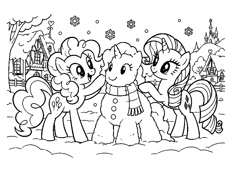 Раскраска My Little Pony: пони лепят снеговика