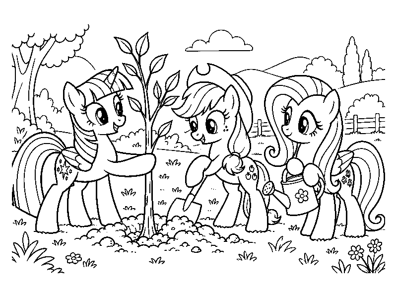 Раскраска My Little Pony: друзья сажают дерево