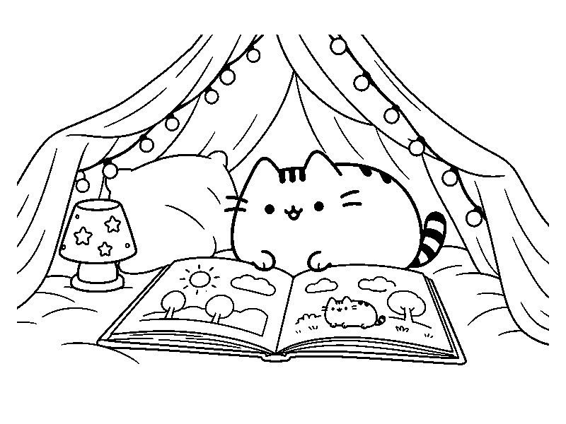 Кот Пушин читает книжку в домике из одеяла
