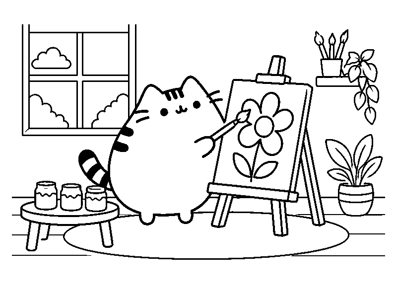 Кот Пушин рисует цветок на мольберте