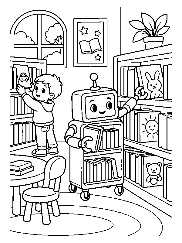 Робот-тележка с книгами в библиотеке, раскраска для детей